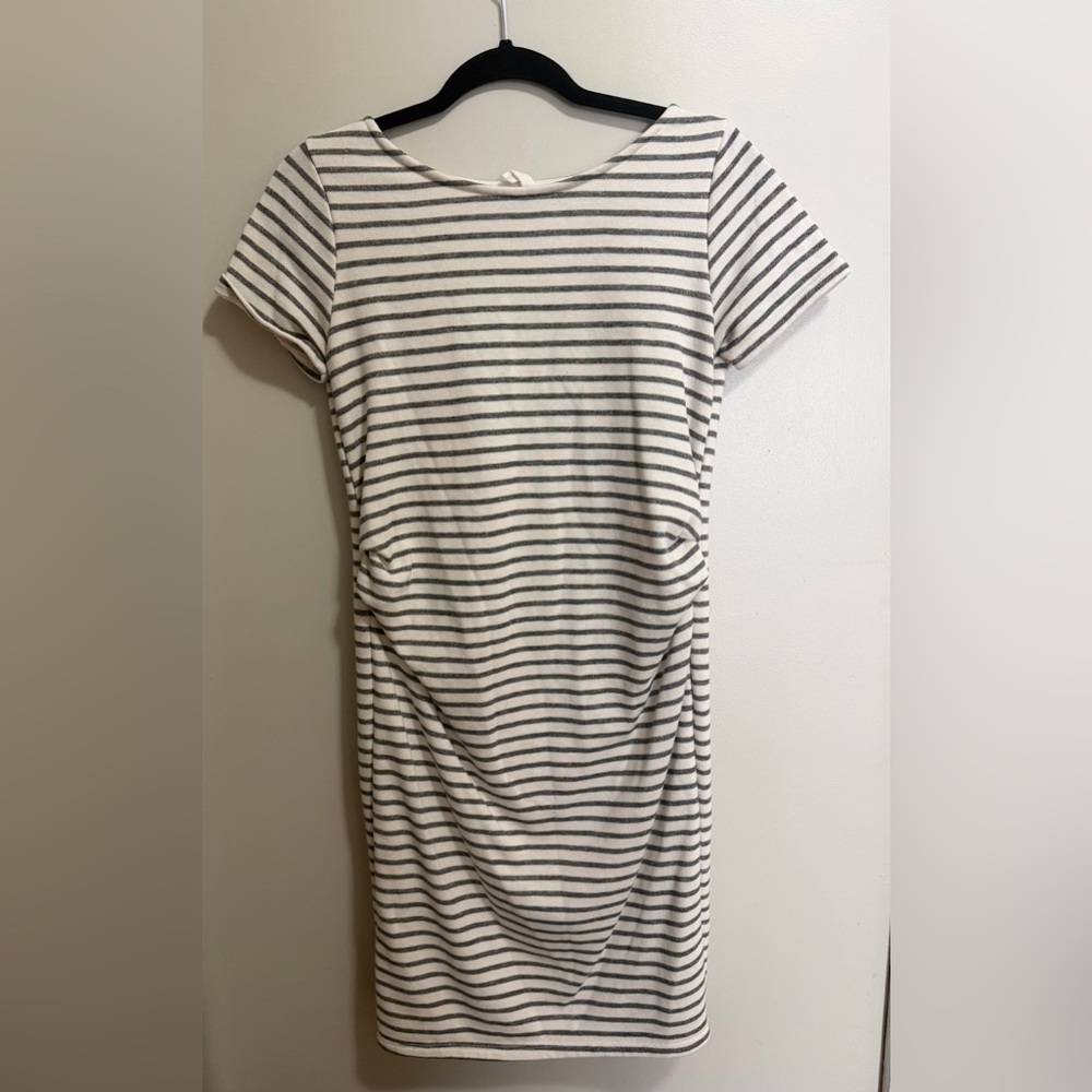 PinkBlush Ivory Grey Striped Ruched Maternity Dress Short Sleeve Size S